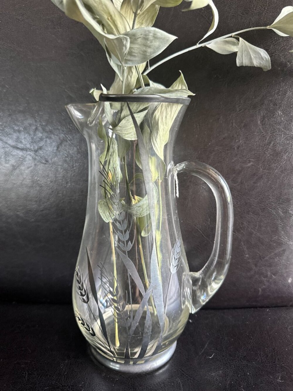 MCM Rockwell Silver Company Silver Wheat Stalk Motif Glass Cocktail Pitcher 1960